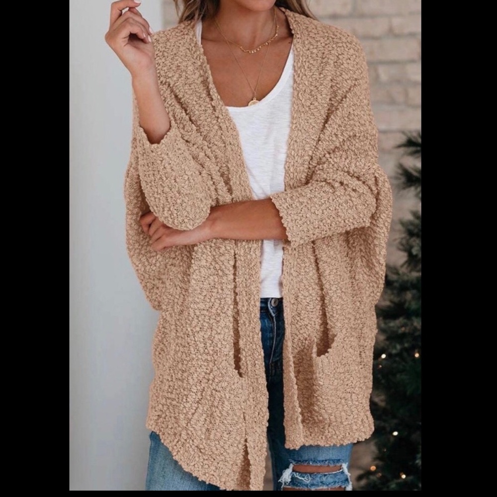 Khaki Popcorn Pocket Open Front Cardigan Sweater